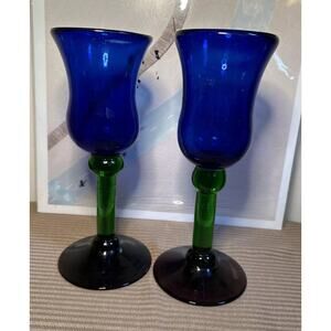 Set Of 2 Tricolored Stemmed 9” Goblets / Art Glass Cobalt Green Purple 3” Base